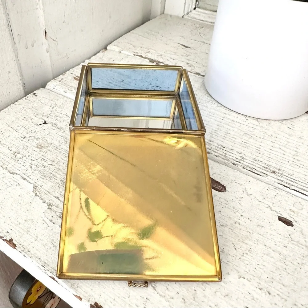 3/$22🩶 Vintage Angels Via Vermont Glass Brass Trinket Jewelry Box Mirror